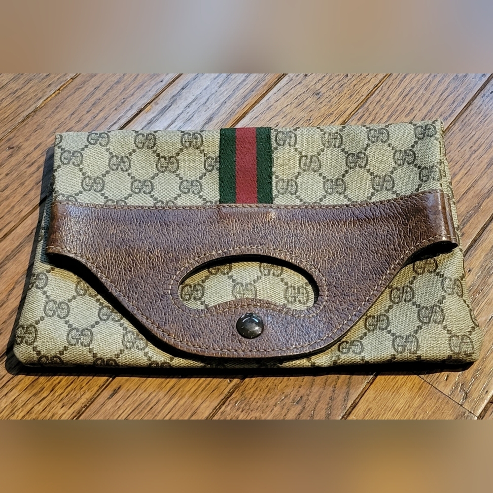Vintage GUCCI Clutch Monogram Brown Leather Web Stripe Folded Handbag